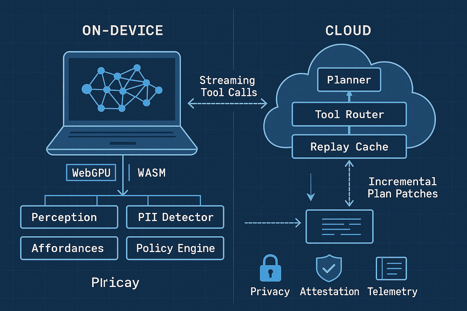 Hybrid On‑Device + Cloud LLM for Agentic Browsers: WebGPU/WASM Inference, Speculative Plans, and Policy‑Gated Escalation