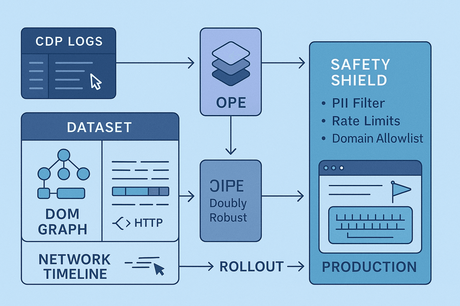 Offline RL for Browser Agents: Counterfactual Policy Evaluation on CDP Logs, DOM Events, and Network Traces
