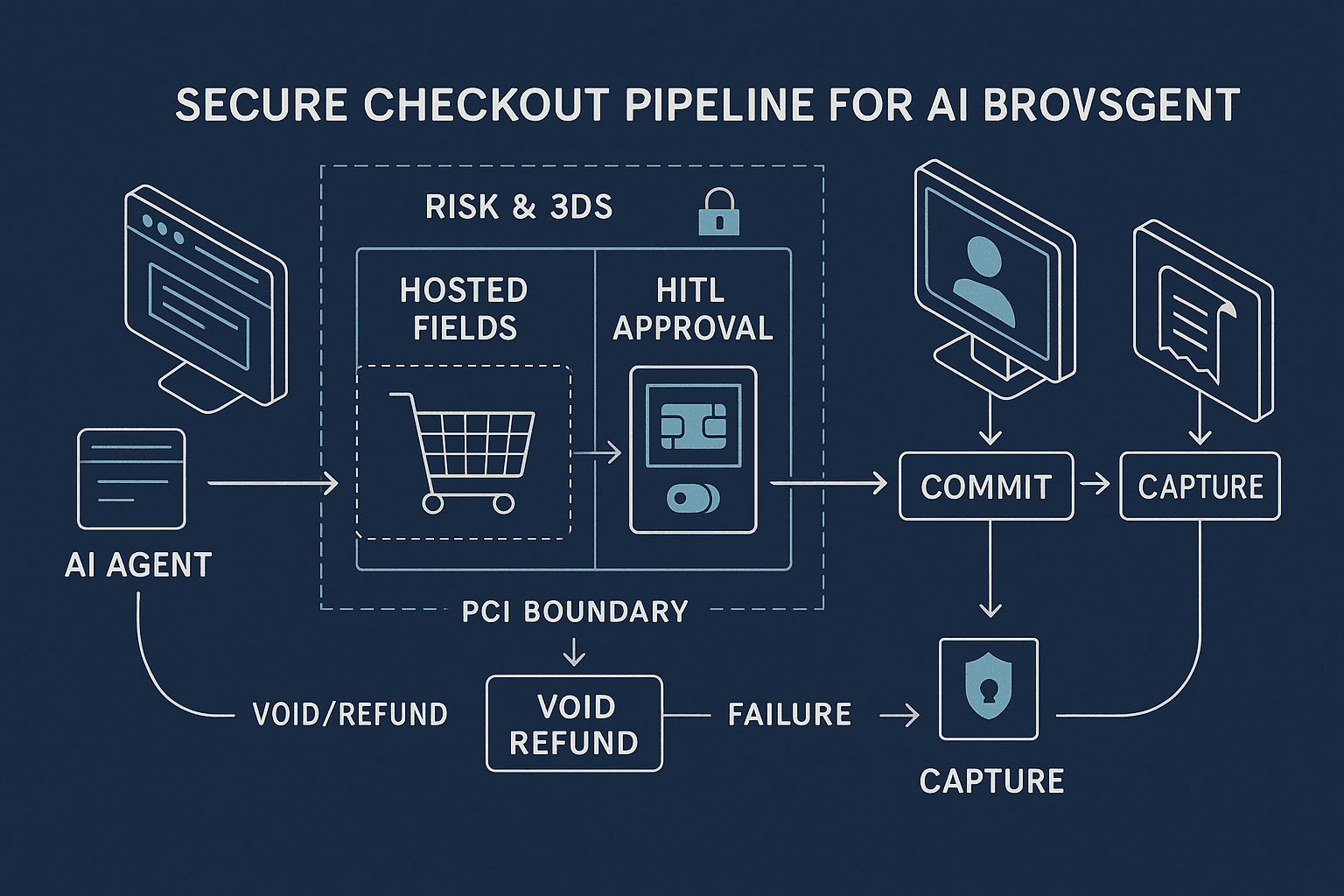 PCI‑Safe Checkout for AI Browser Agents: Tokenized Cards, 3‑D Secure 2, Human Spend Guards, and Idempotent Order Commits