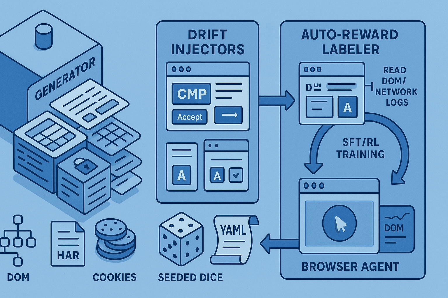 Synthetic Web Task Gym for AI Browser Agents: Procedural Sites, Auto‑Reward Labeling, and Drift Fuzzers for RL/SFT Training