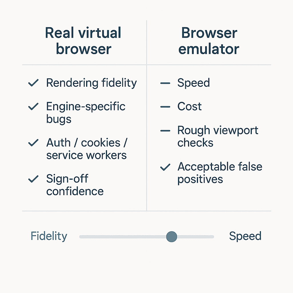 Decision matrix comparing when to use a real virtual browser versus a browser emulator across fidelity, speed, cost, and risk